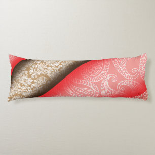 Elegant red and gold fabric with intricate floral  body pillow