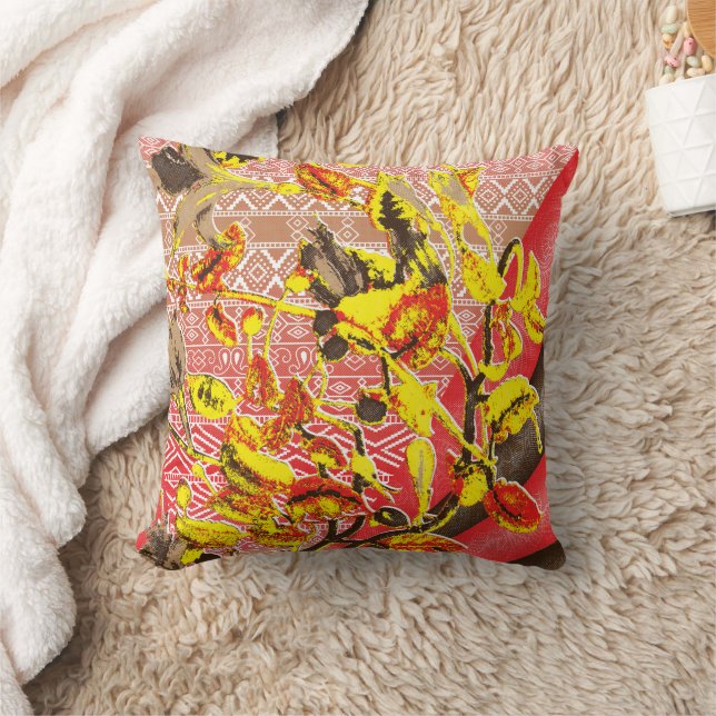 Elegant red and gold fabric with intricate floral  throw pillow (Blanket)