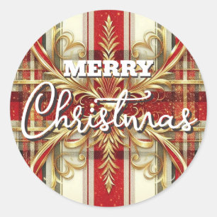 Elegant Red and Gold Festive Plaid Classic Round Sticker