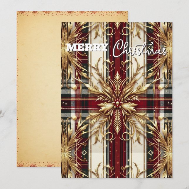 Elegant Red and Gold Festive Plaid  Holiday Card (Front/Back)