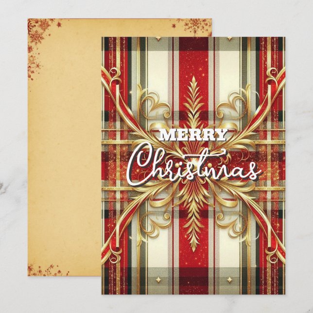 Elegant Red and Gold Festive Plaid  Holiday Card (Front/Back)