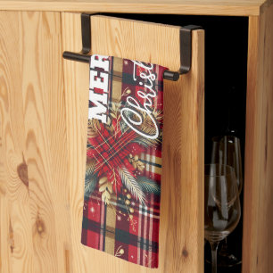 Elegant Red and Gold Festive Plaid  Kitchen Towel