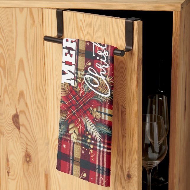 Elegant Red and Gold Festive Plaid  Kitchen Towel (Thirds Fold)