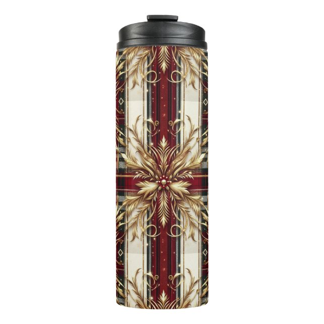 Elegant Red and Gold Festive Plaid  Thermal Tumbler (Front)