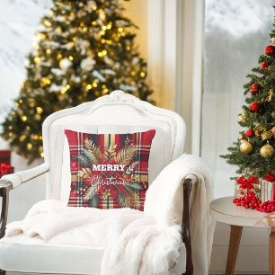 Elegant Red and Gold Festive Plaid Throw Pillow