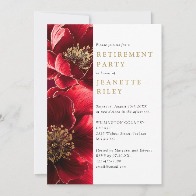 Elegant Red And Gold Floral Retirement Party Invitation (Front)