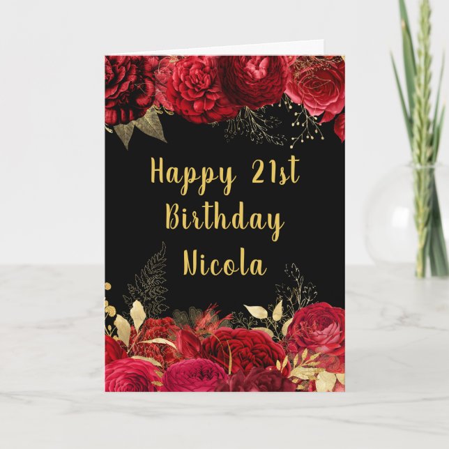 Elegant Red and Gold Flowers Birthday Card (Front)