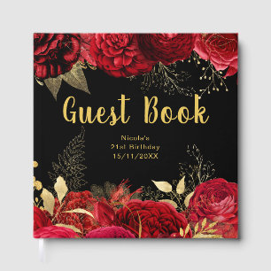 Elegant Red and Gold Flowers Birthday Party Guest Book