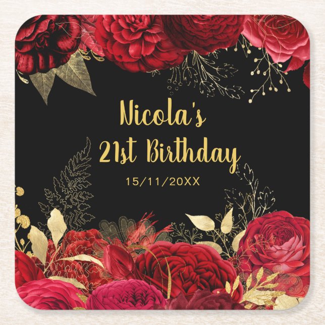 Elegant Red and Gold Flowers Birthday Party  Square Paper Coaster (Front)