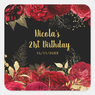 Elegant Red and Gold Flowers Birthday Party Square Sticker