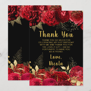 Elegant Red and Gold Flowers Birthday Party Thank You Card