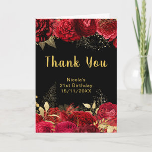 Elegant Red and Gold Flowers Birthday Party Thank You Card