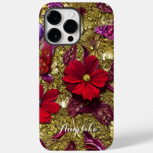 Elegant Red and Gold Flowers Personalized Name Case-Mate iPhone 14 Pro Max Case