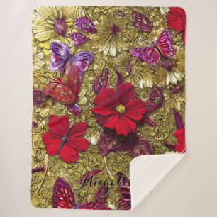 Elegant Red and Gold Flowers Personalized Name Sherpa Blanket