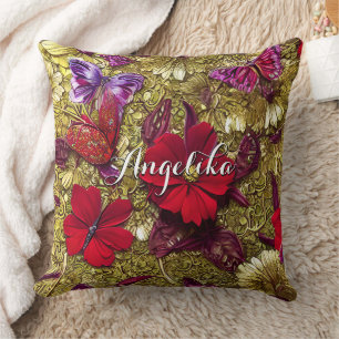 Elegant Red and Gold Flowers Personalized Name Throw Pillow
