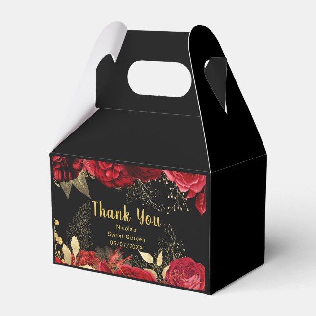 Elegant Red and Gold Flowers Sweet Sixteen  Favor Box (Front Side)