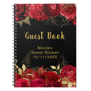 Elegant Red and Gold Flowers Sweet Sixteen Notebook