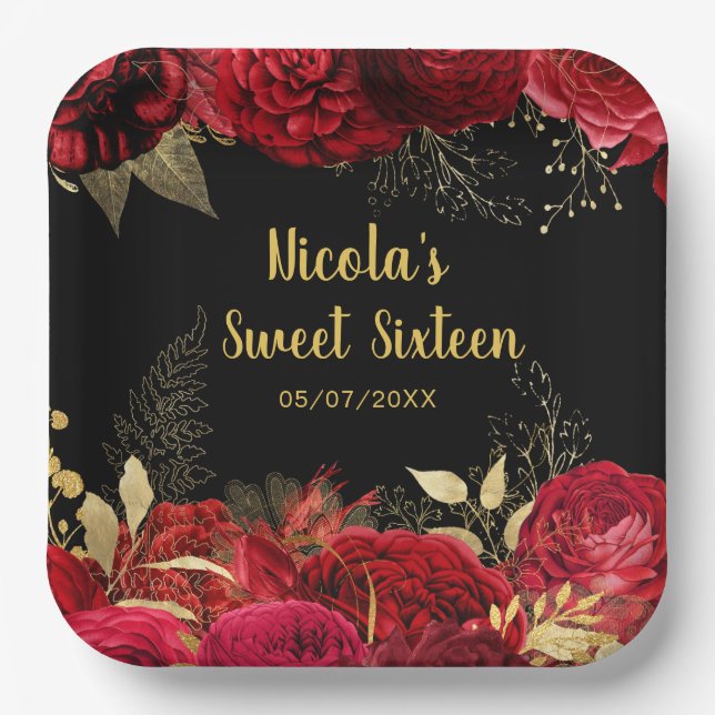 Elegant Red and Gold Flowers Sweet Sixteen  Paper Plate (Front)