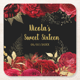 Elegant Red and Gold Flowers Sweet Sixteen Square Paper Coaster