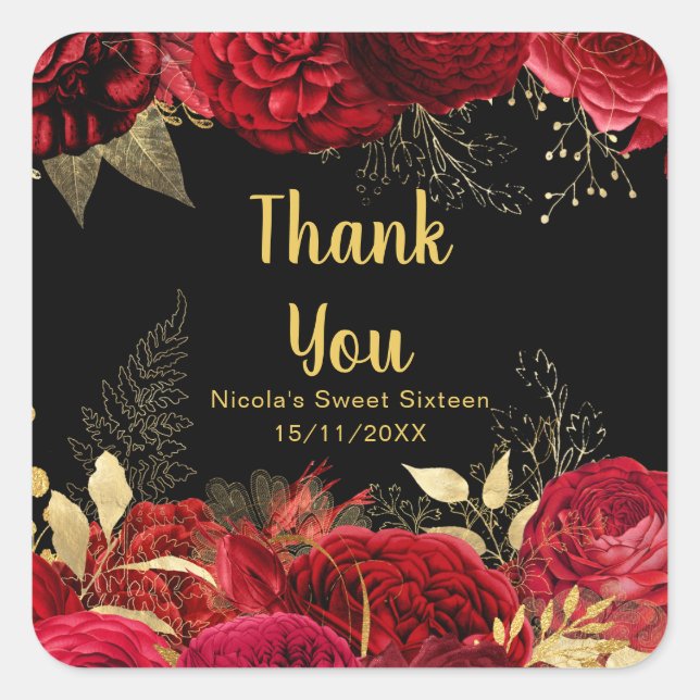 Elegant Red and Gold Flowers Sweet Sixteen Square Sticker (Front)