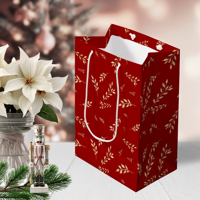 Elegant Red and Gold Foil Botanical Pattern Medium Gift Bag (Elegant Red and Gold Foil Botanical Pattern Medium Gift Bag)