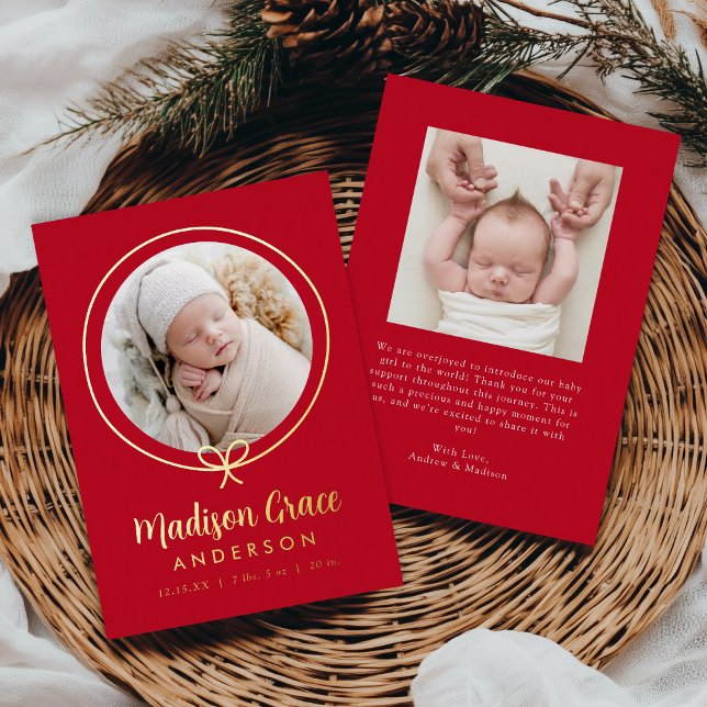 Elegant Red and Gold Foil Bow Birth Announcement (Creator Uploaded)
