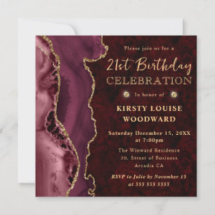 Elegant Red and Gold Glitter Agate 21st Birthday Invitation