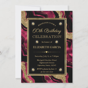 Elegant Red and Gold Glitter Agate 60th Birthday Invitation