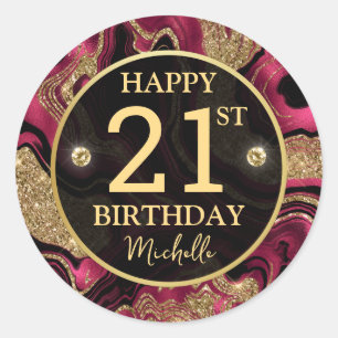 Elegant Red and Gold Glitter Agate Birthday Classic Round Sticker