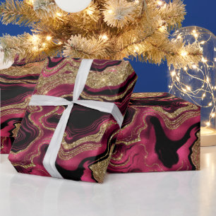 Elegant Red and Gold Glitter Agate Birthday Wrapping Paper