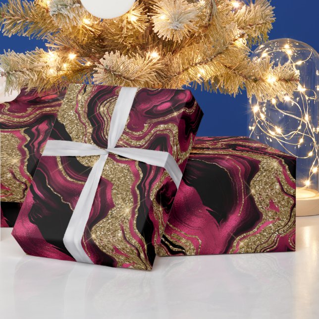 Elegant Red and Gold Glitter Agate Birthday Wrapping Paper (Holidays)