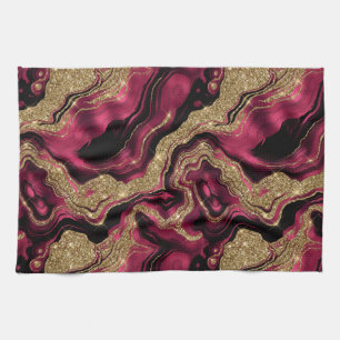 Elegant Red and Gold Glitter Agate Pattern Kitchen Towel