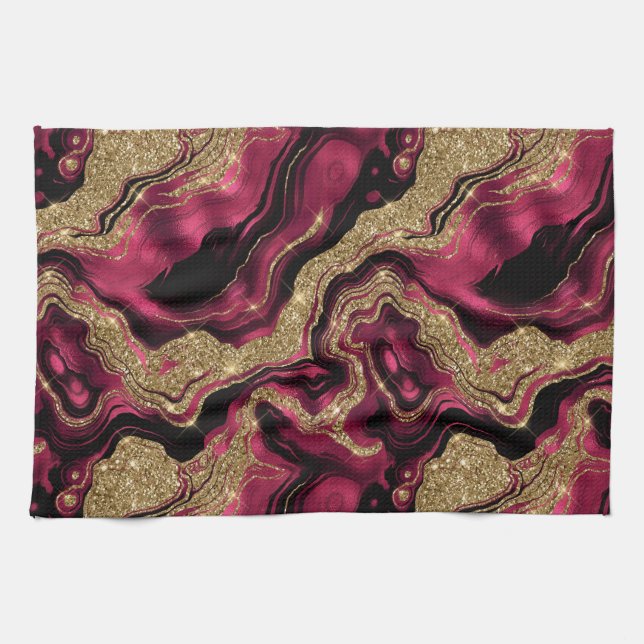 Elegant Red and Gold Glitter Agate Pattern Kitchen Towel (Horizontal)