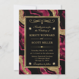 Elegant Red and Gold Glitter Agate Wedding Invitation