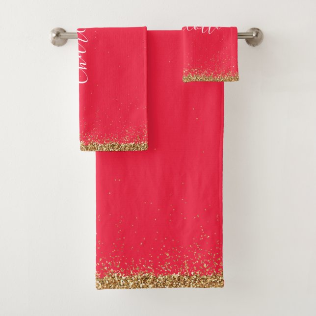Elegant Red and Gold Glitter Girly Bath Towel Set (Insitu)