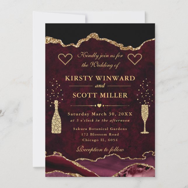 Elegant Red and Gold Glitter Marble Agate Wedding Invitation (Front)