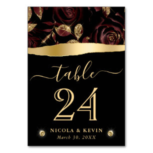 Elegant Red and Gold Glitter Rose Floral Wedding Table Number