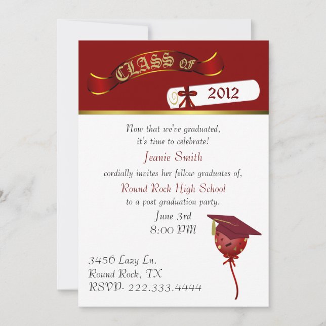 Élégant Red and Gold Graduation Party Invitation (Devant)