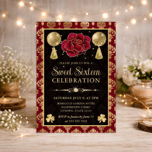 Elegant Red and Gold Heart Damask Sweet Sixteen Invitation
