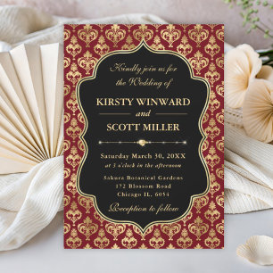 Elegant Red and Gold Heart Damask Wedding Invitation