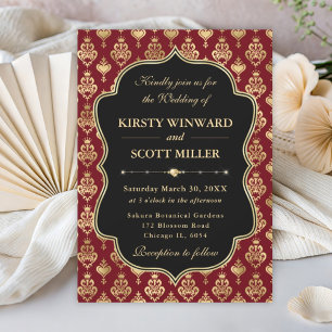 Elegant Red and Gold Heart Damask Wedding Invitation