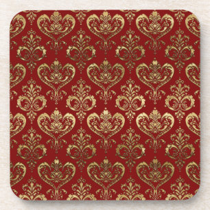 Elegant Red and Gold Hearts Valentine's Damask Coaster