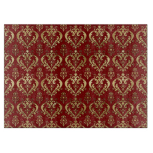 Elegant Red and Gold Hearts Valentine's Damask Cutting Board