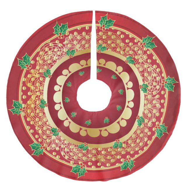 Elegant Red and Gold Holly Christmas Holiday Brushed Polyester Tree Skirt (Front)