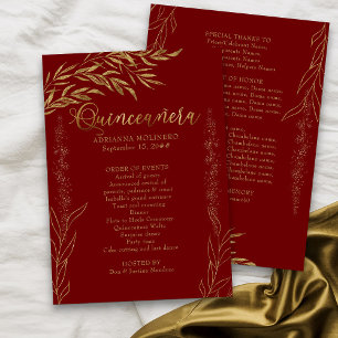 Elegant Red and Gold Leaf Quinceanera Program