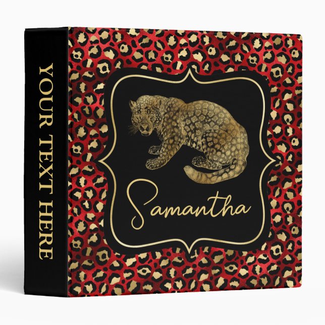 Elegant Red and Gold Leopard and Spots Pattern Binder (Front/Spine)
