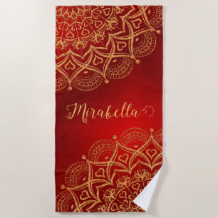 Elegant Red and Gold Mandala Monogrammed Beach Towel