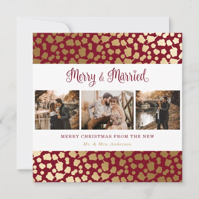 Elegant Red and Gold Merry and Married Christmas Holiday Card (Front)