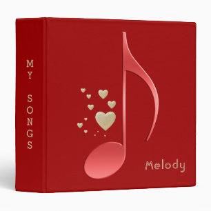 Elegant Red and Gold Music Notes Hearts with Name Binder
