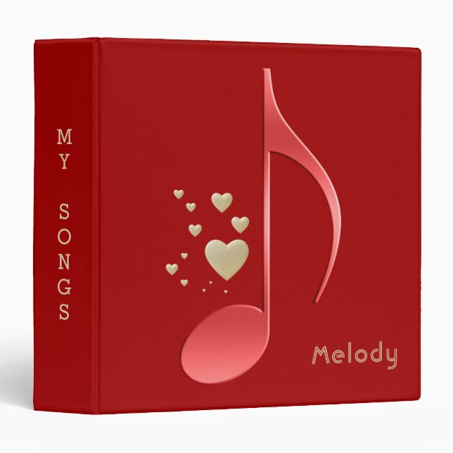 Elegant Red and Gold Music Notes Hearts with Name Binder (Front/Spine)